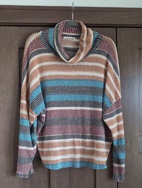 Ces Femme Striped Cowl Neck Sweater in Blue, Tan & Pink